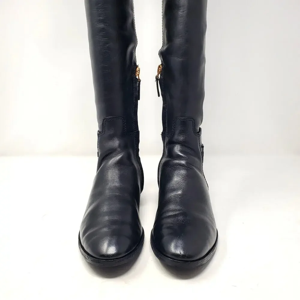 Tory Burch Wyatt Over The Knee Riding Boots Leather Black Logo 40791 Size 7